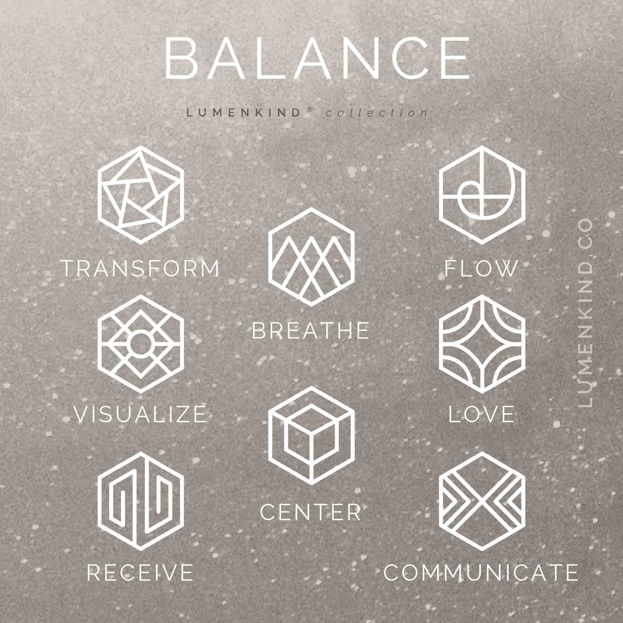 The Balance Collection of Mindful Marks includes Breathe, Center, Flow, Transform, Love, Communicate, Visualize and Receive.