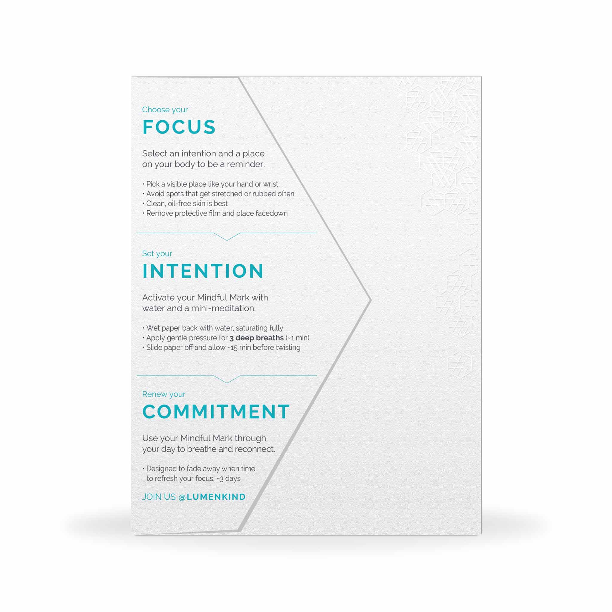 The back side of a pack of Mindful Marks —Balance Collection, explaining how to choose your focus, set your intention, and renew your commitment.