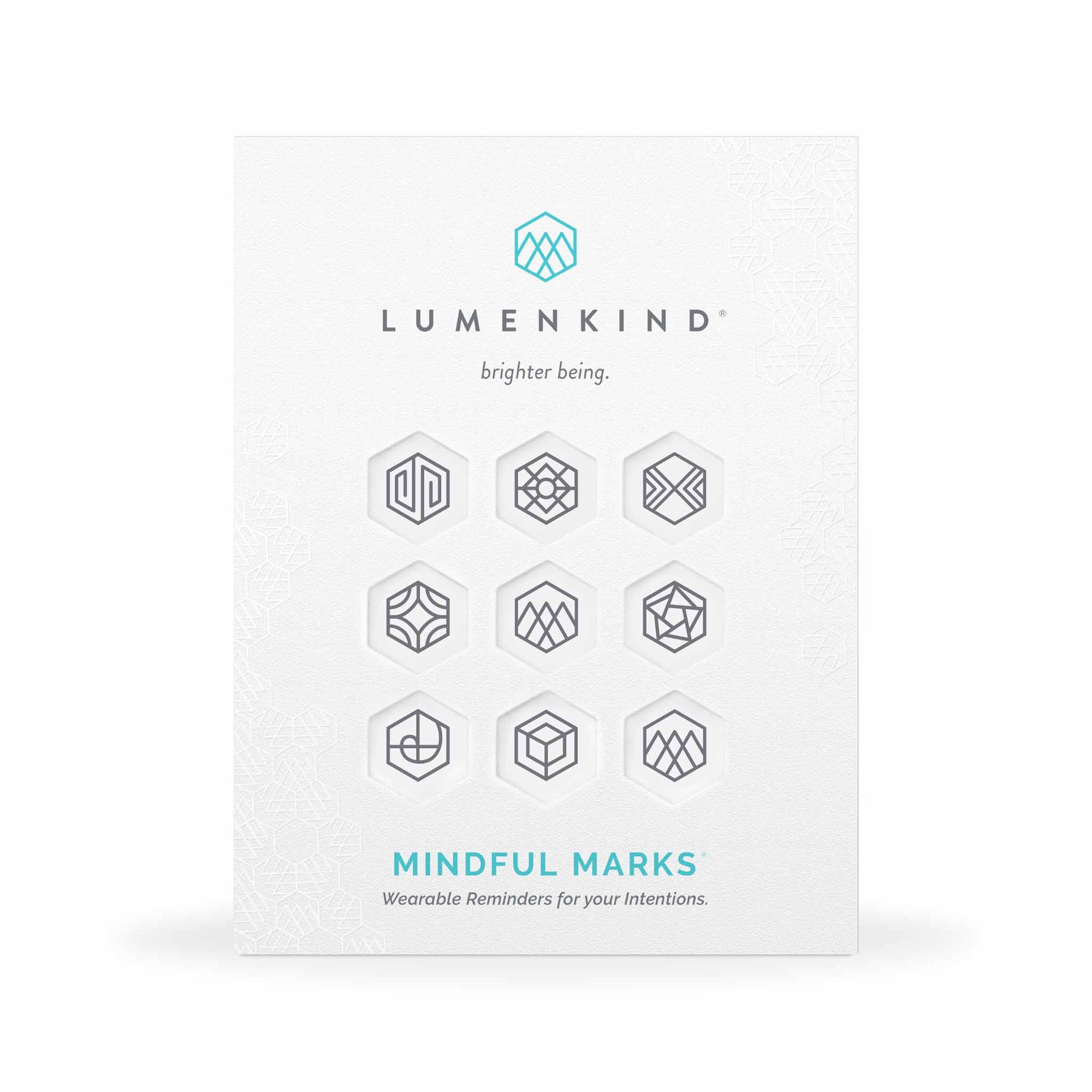 The front side of a pack of Mindful Marks —Balance Collection (Charcoal), wearable reminders for your intentions.