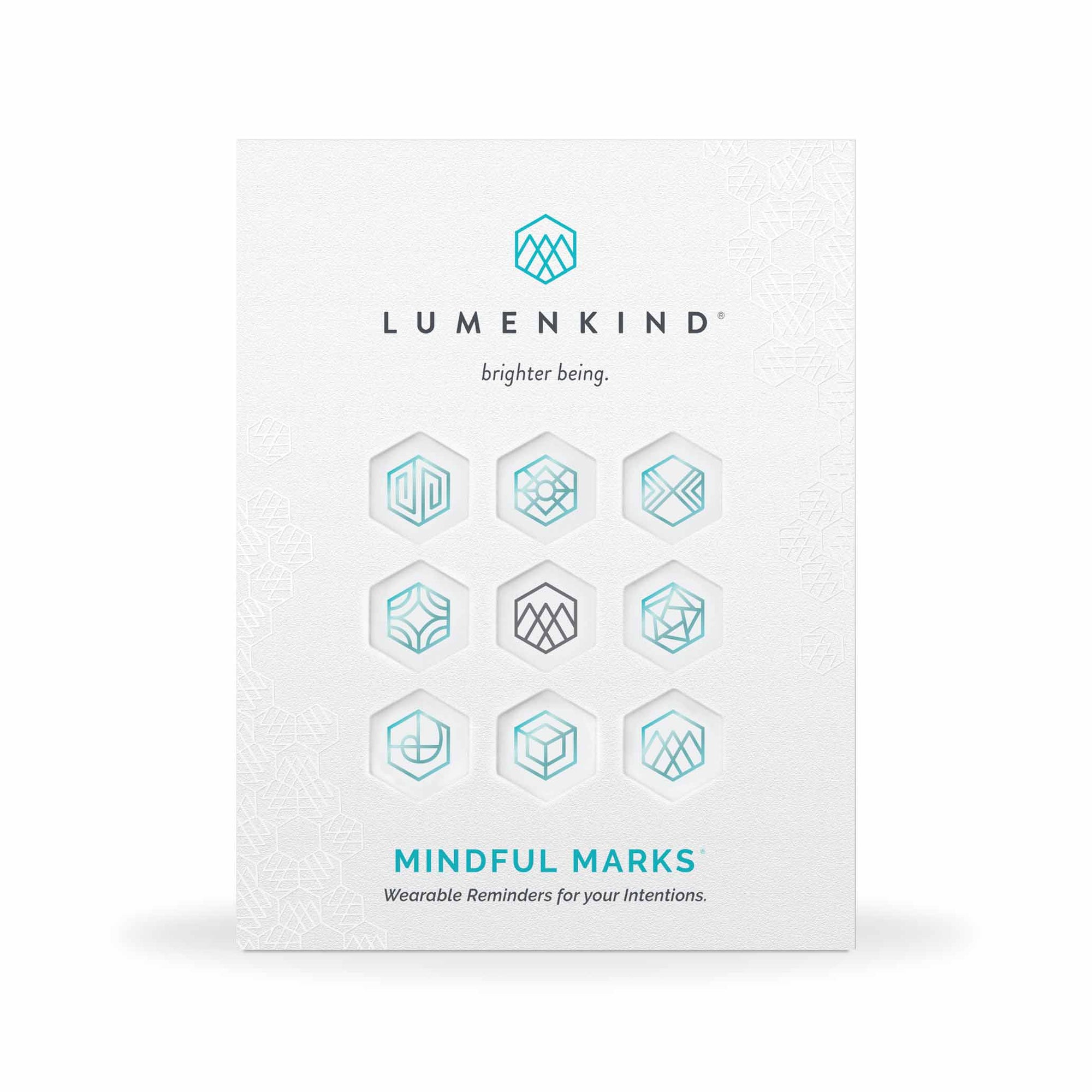 The front side of a pack of Mindful Marks —Balance Collection (teal), wearable reminders for your intentions.