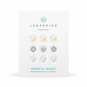 The front side of a pack of Mindful Marks —Balance Collection (Multi), wearable reminders for your intentions.