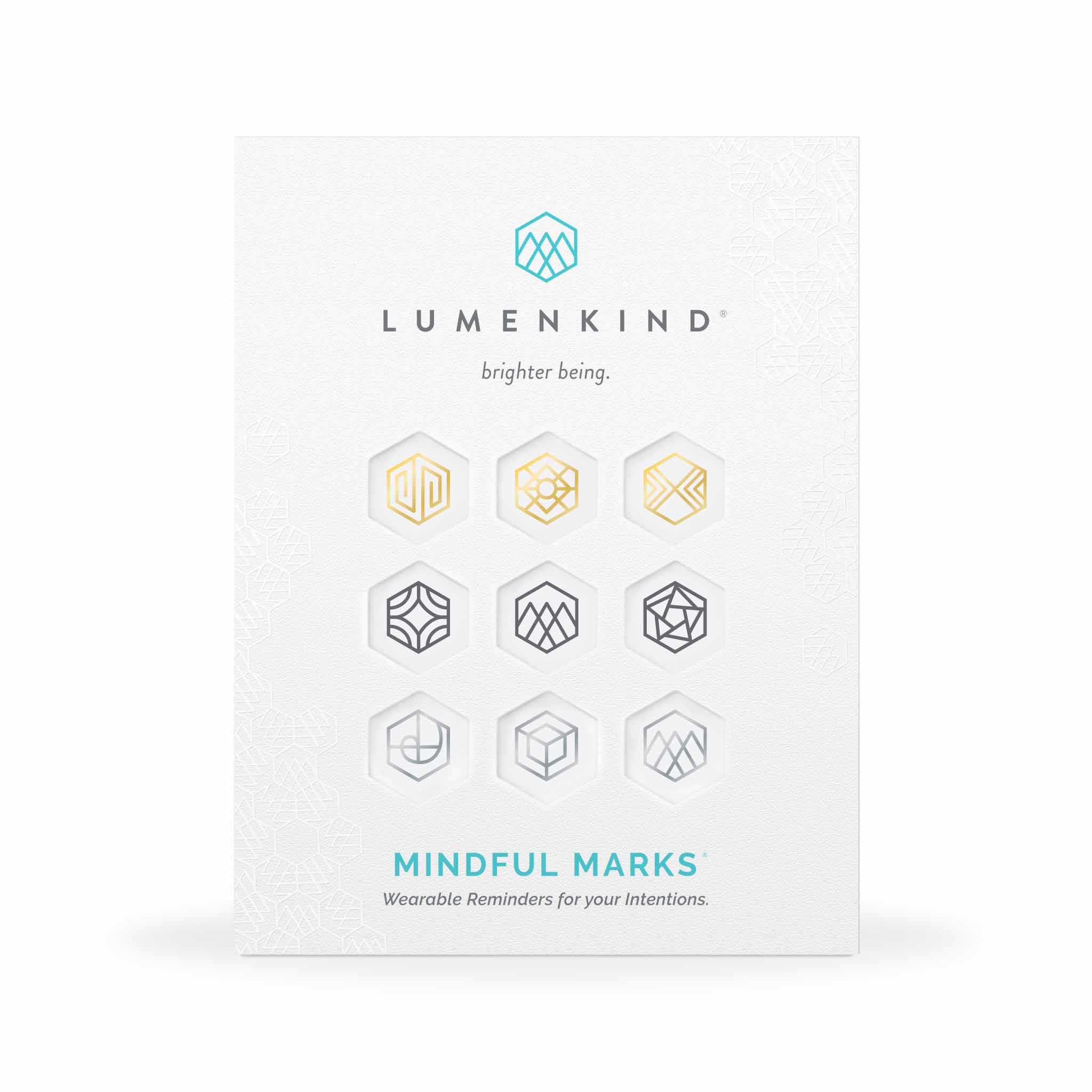 The front side of a pack of Mindful Marks —Balance Collection (Multi), wearable reminders for your intentions.