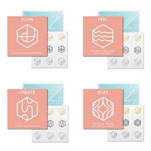 The Flow Collection of Mindful Marks includes Flow, Feel, Create, and Play.