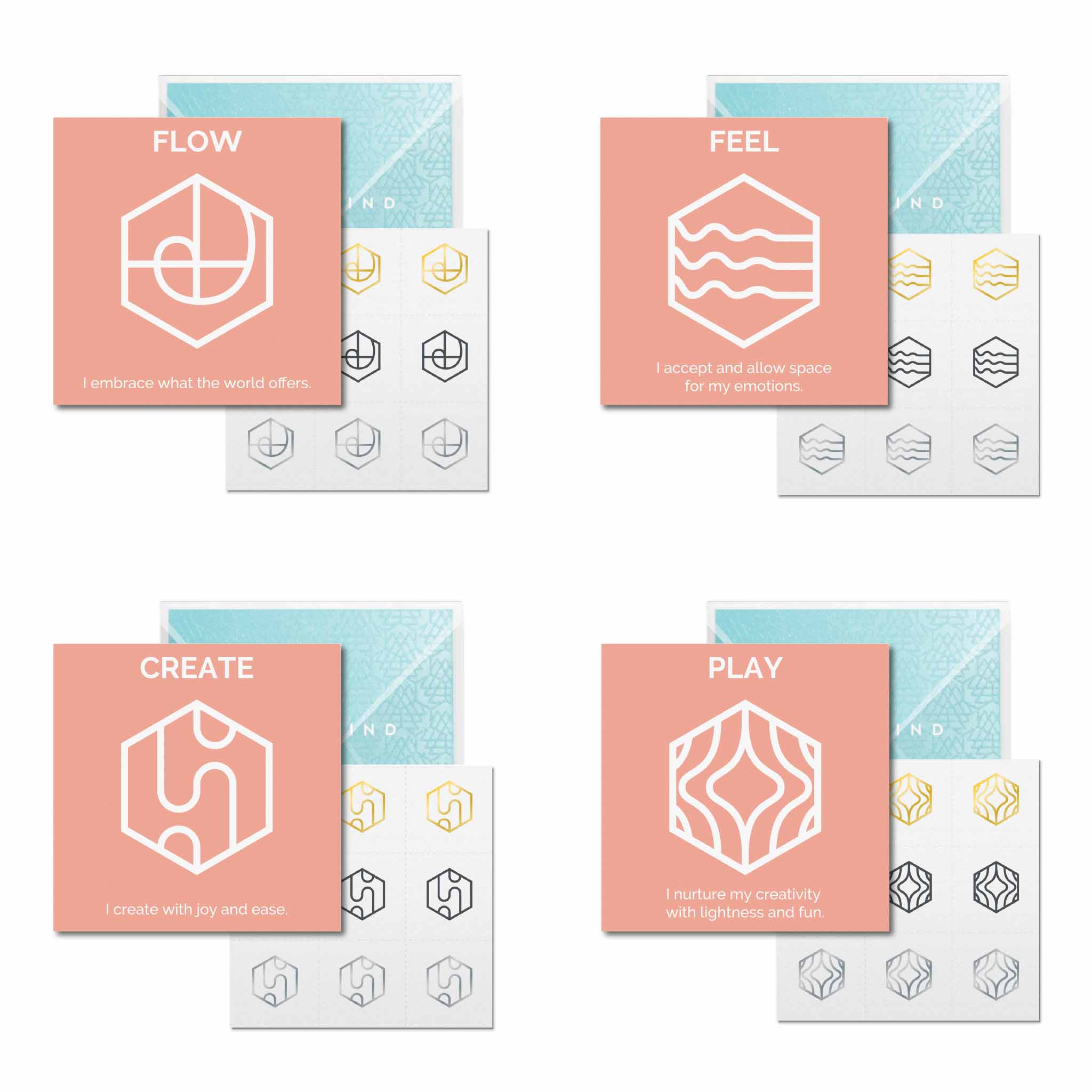 The Flow Collection of Mindful Marks includes Flow, Feel, Create, and Play.