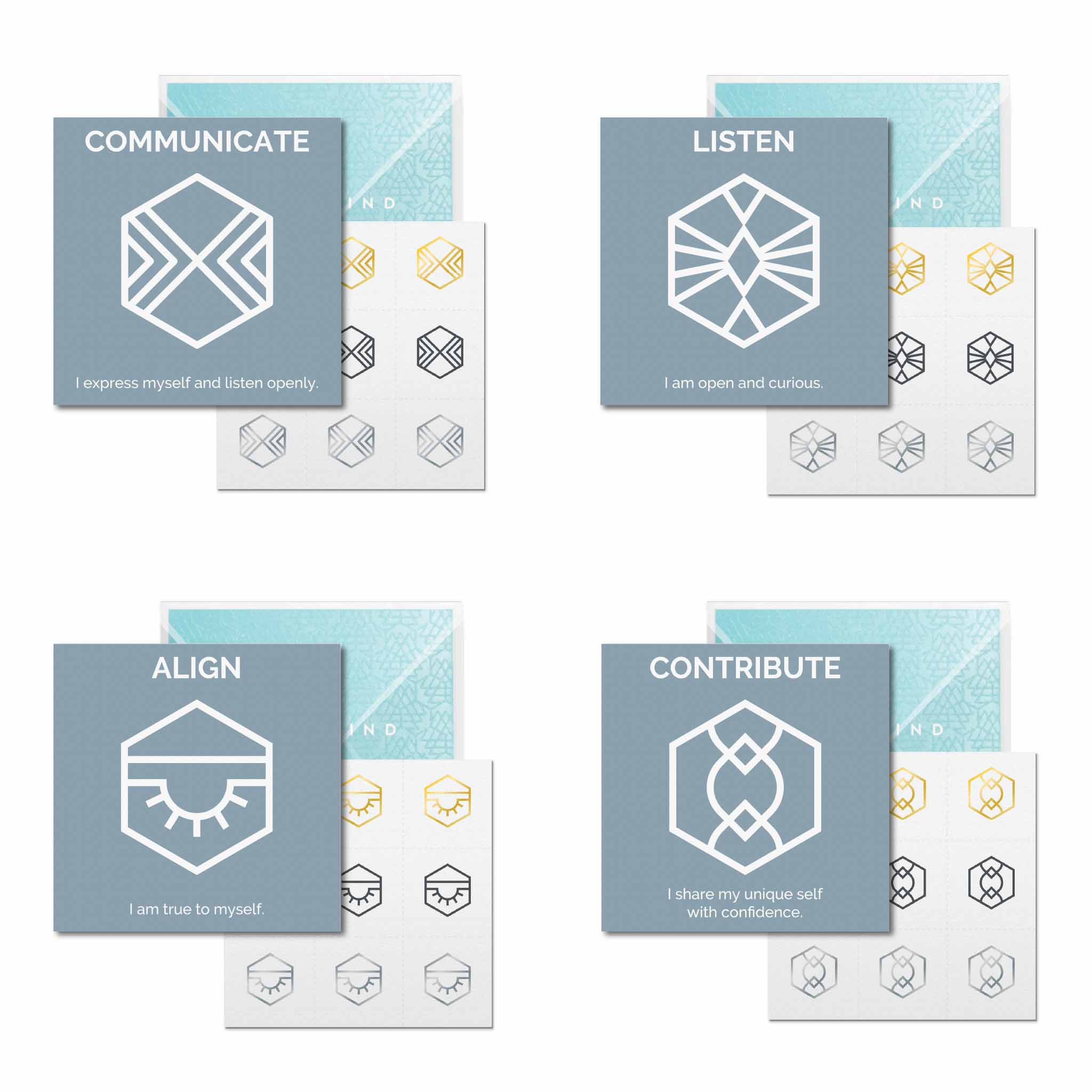 The Communicate Collection of Mindful Marks includes Communicate, Align, Listen, and Contribute.