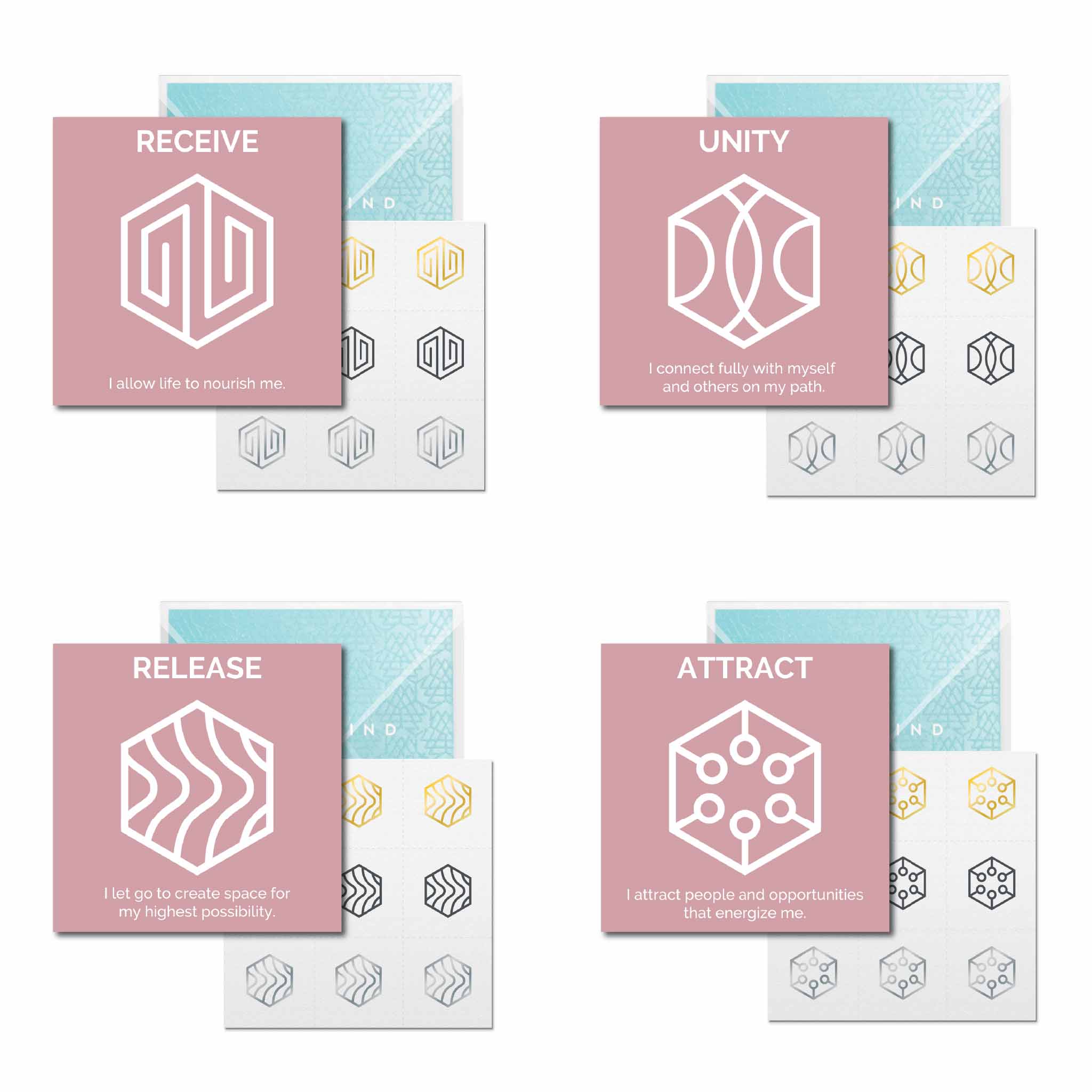 The Receive Collection of Mindful Marks includes Receive, Release, Attract, and Unity.