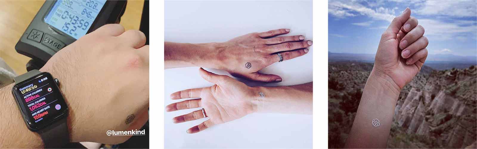 Close up of lady exercising, two friends with hands up, and lady holding wrist with canyon view, all wearing mindful marks.