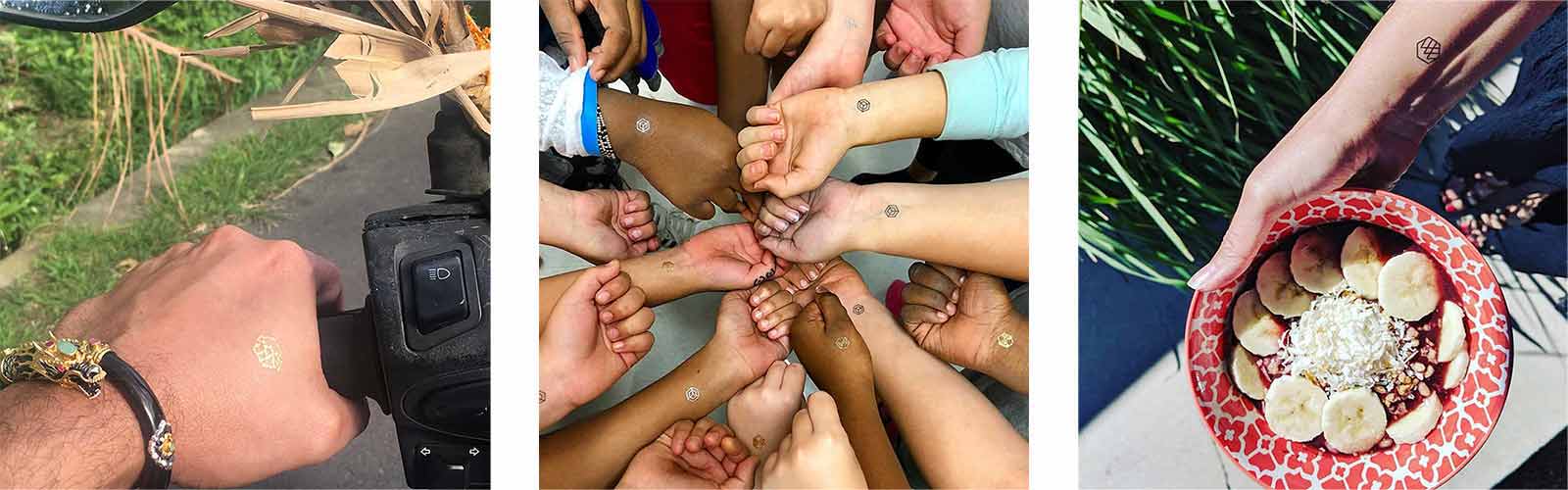 Close up of man on moped, young kids holding hands in a circle, and lady with bowl of granola, all wearing mindful marks.