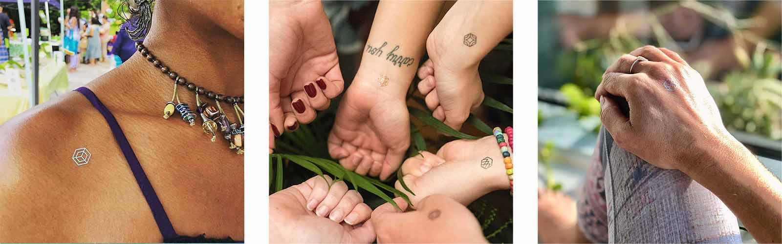 Close up of lady's shoulder, family holding hands in circle, and lady with hand on her knee, all wearing mindful marks.