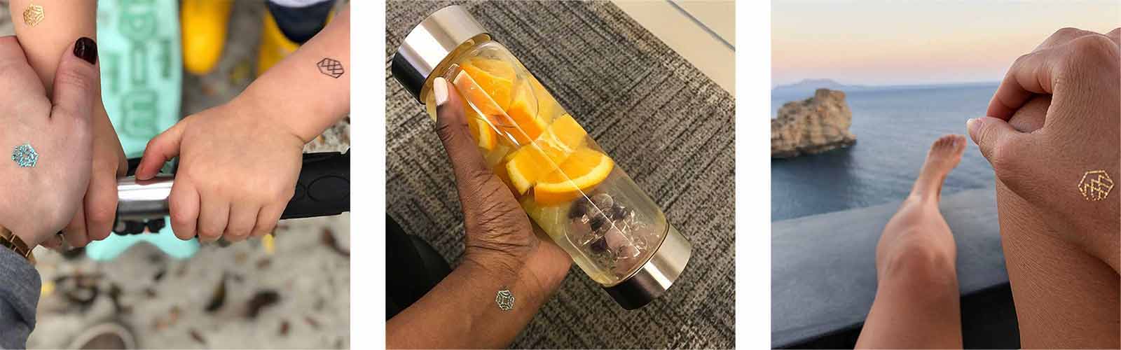 Close up of mom holding kid's hand on toy, lady holding bottle, and woman's hand with ocean view, all wearing mindful marks.