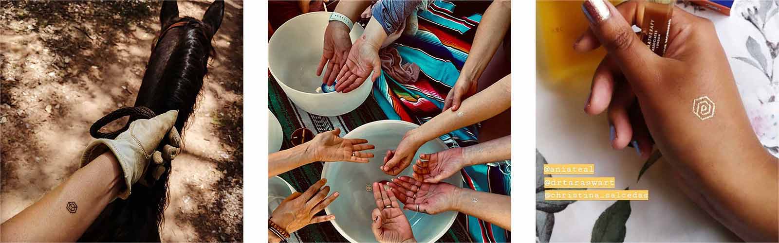 Close up of lady riding horse, friends gathered around sound bath, and lady drawing flowers, all wearing mindful marks.