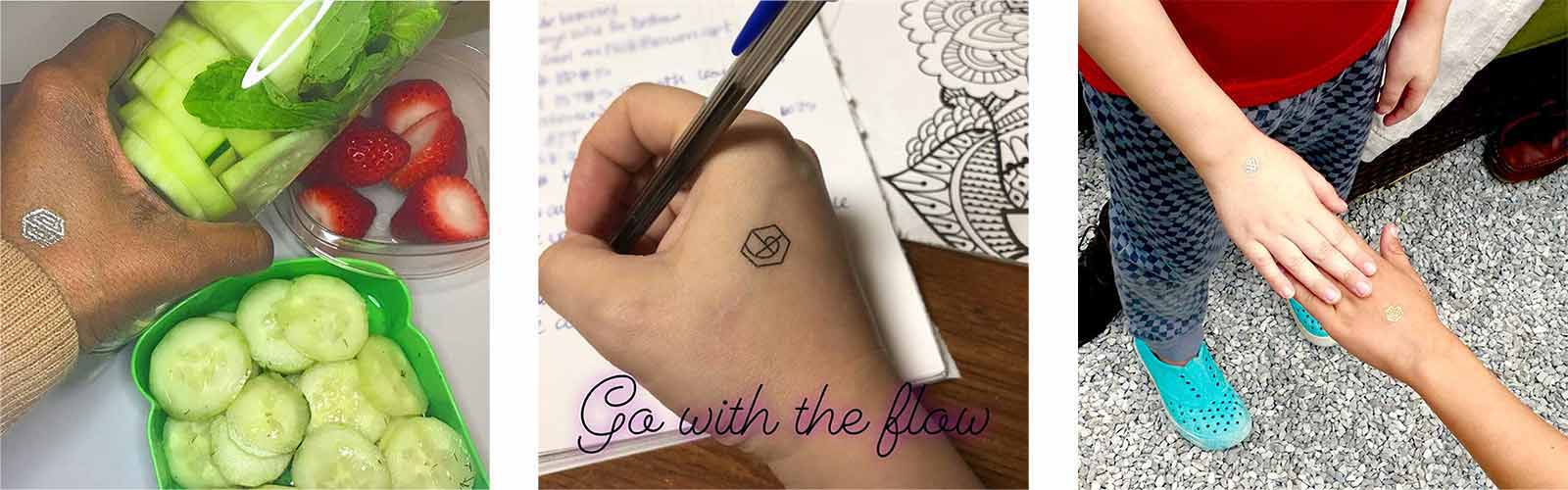 Close up of lady with raw veggies, student writing in journal, and mom holds kid’s hand, all wearing mindful marks.