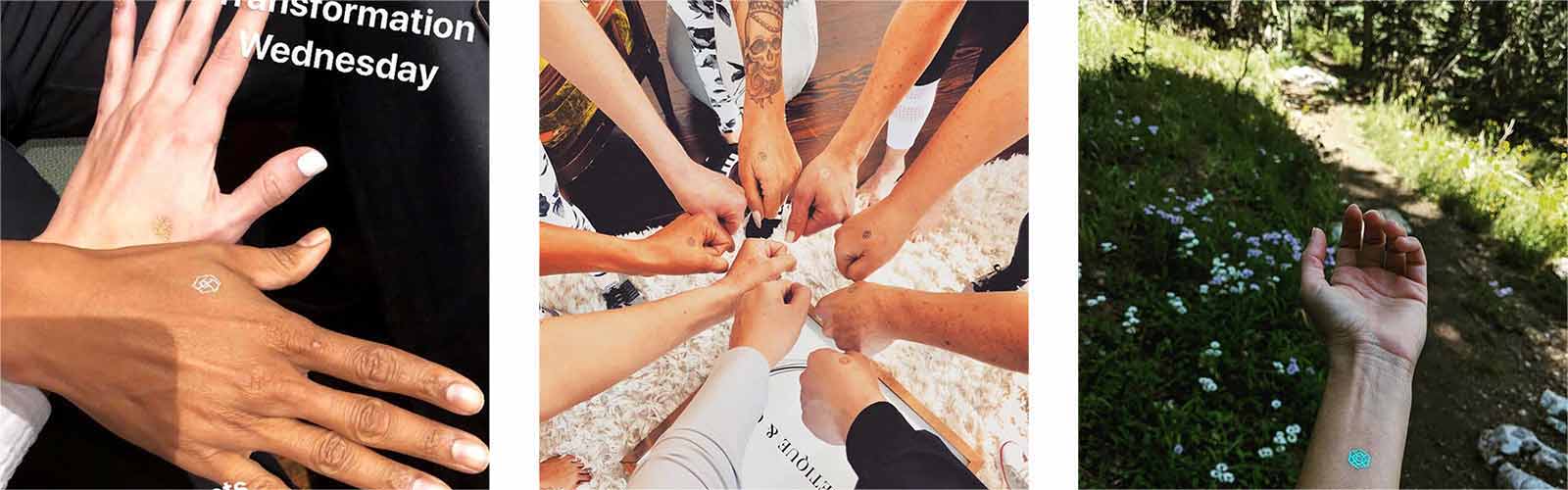 Close up of friends crossing hands, office mates fist bumping, and lady with palm facing up on trail, all wearing mindful marks.