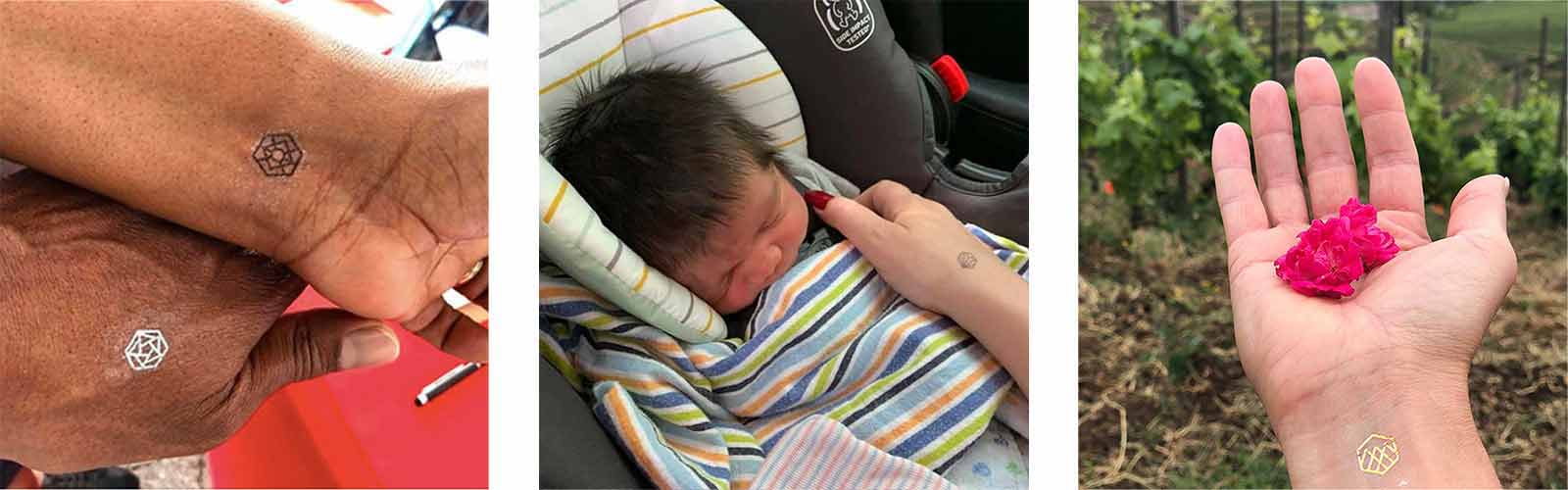 Close up of couple holding hands, mom caressing baby in car seat, and lady holding flower outside, all wearing mindful marks.
