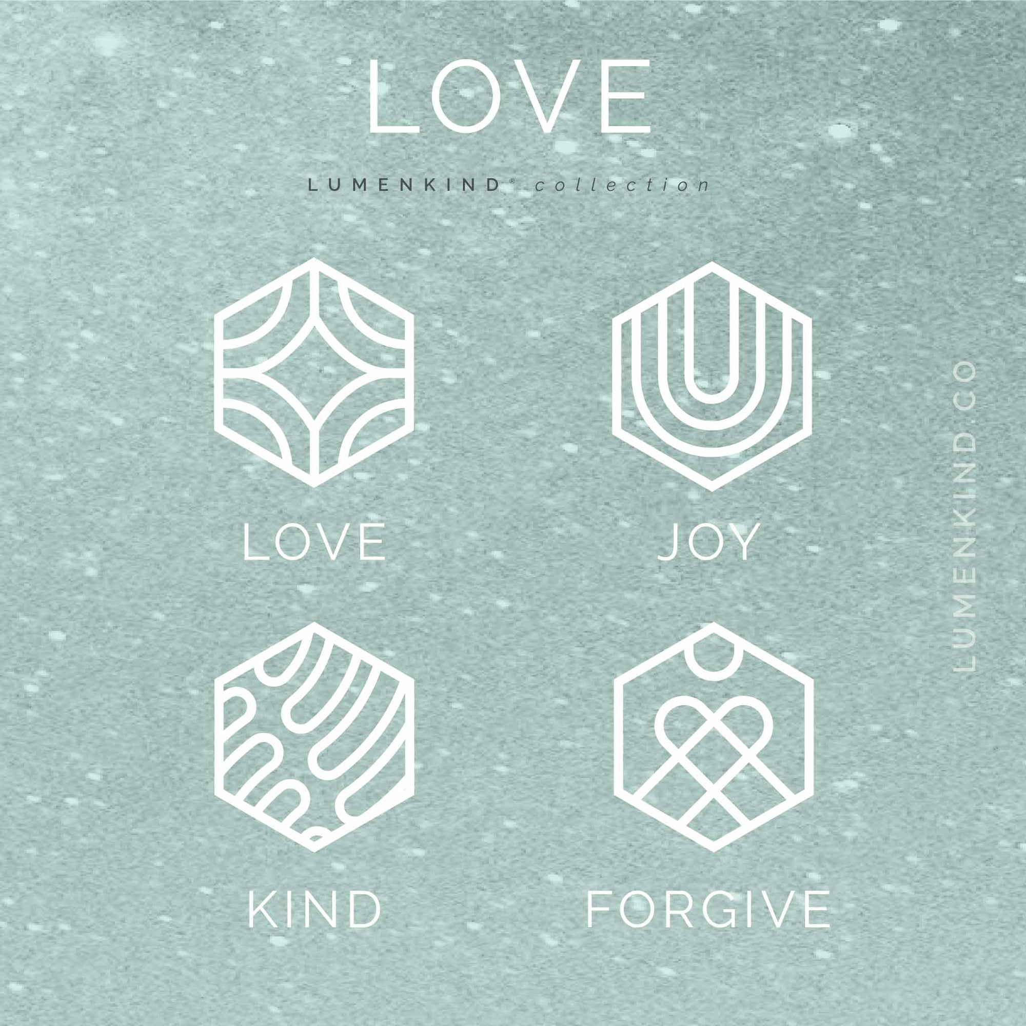The Love Collection of Mindful Marks includes Love, Forgive, Joy, and Kind.