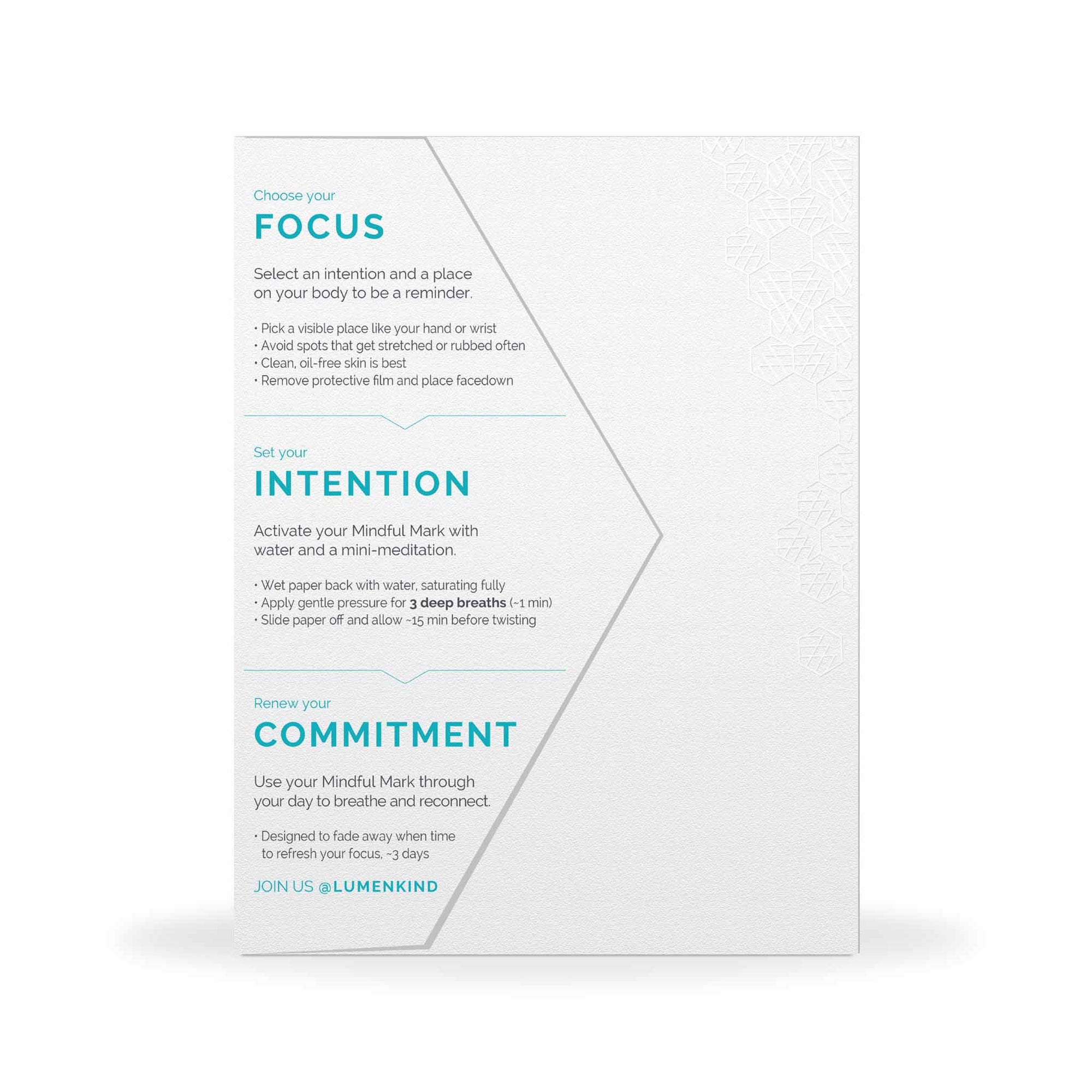 The back side of a pack of Mindful Marks —Balance Collection, explaining how to choose your focus, set your intention, and renew your commitment. 