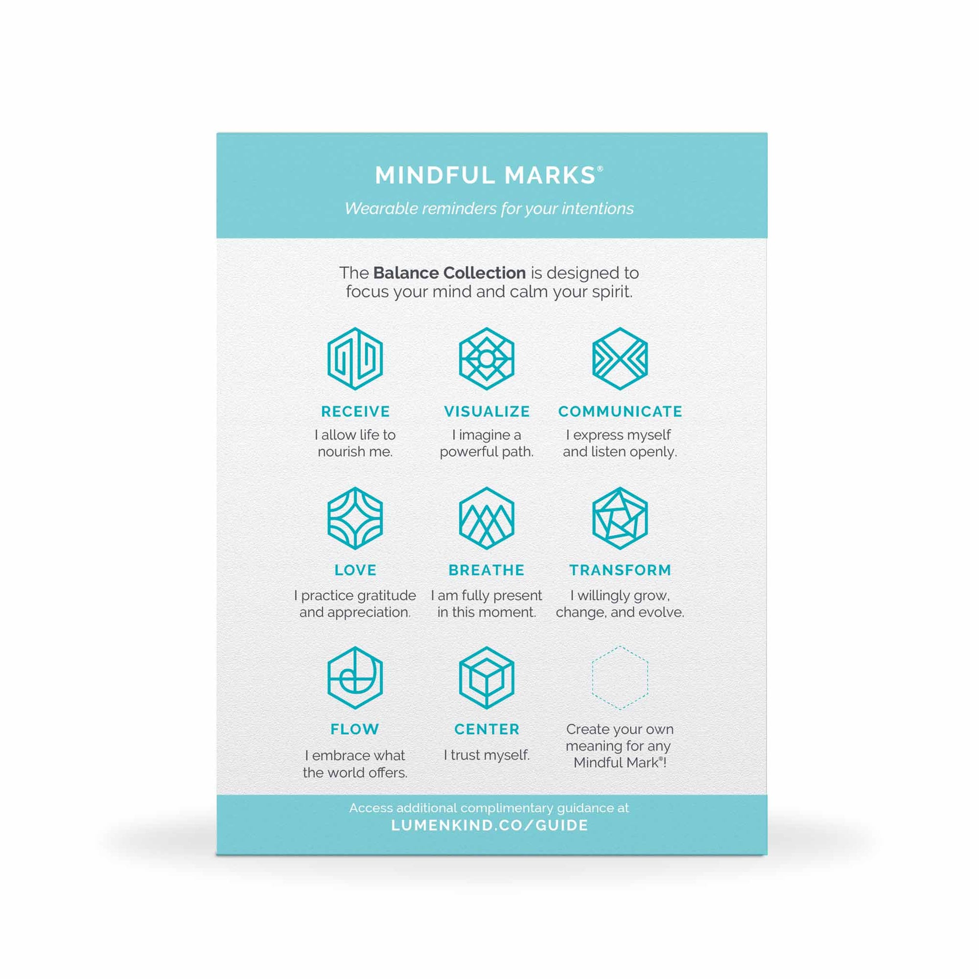 Mindful Marks —Balance Collection insert included with each pack, showing each of the 8 mindful mark intentions.