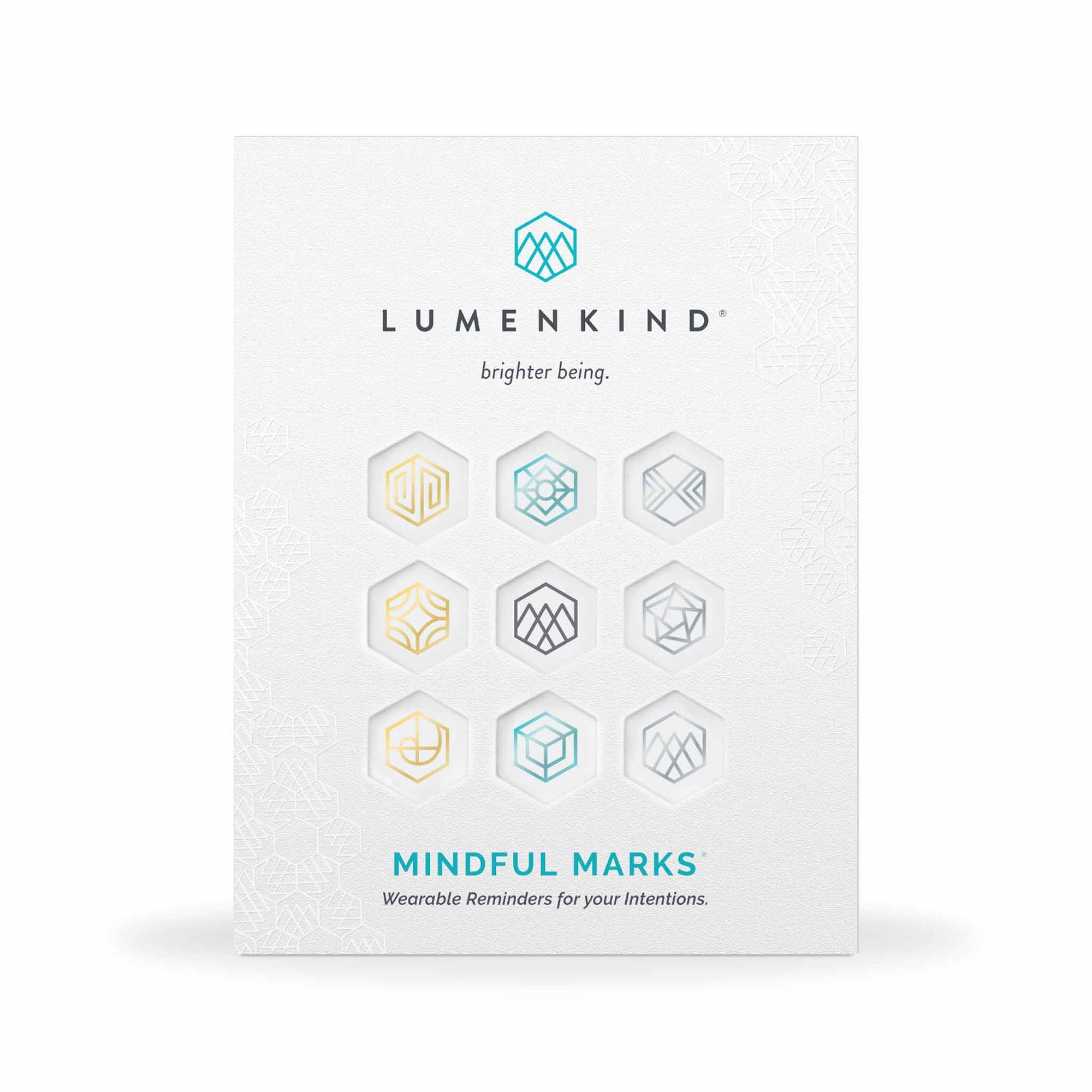 The front side of a pack of Mindful Marks —Balance Collection (Metallic), wearable reminders for your intentions.