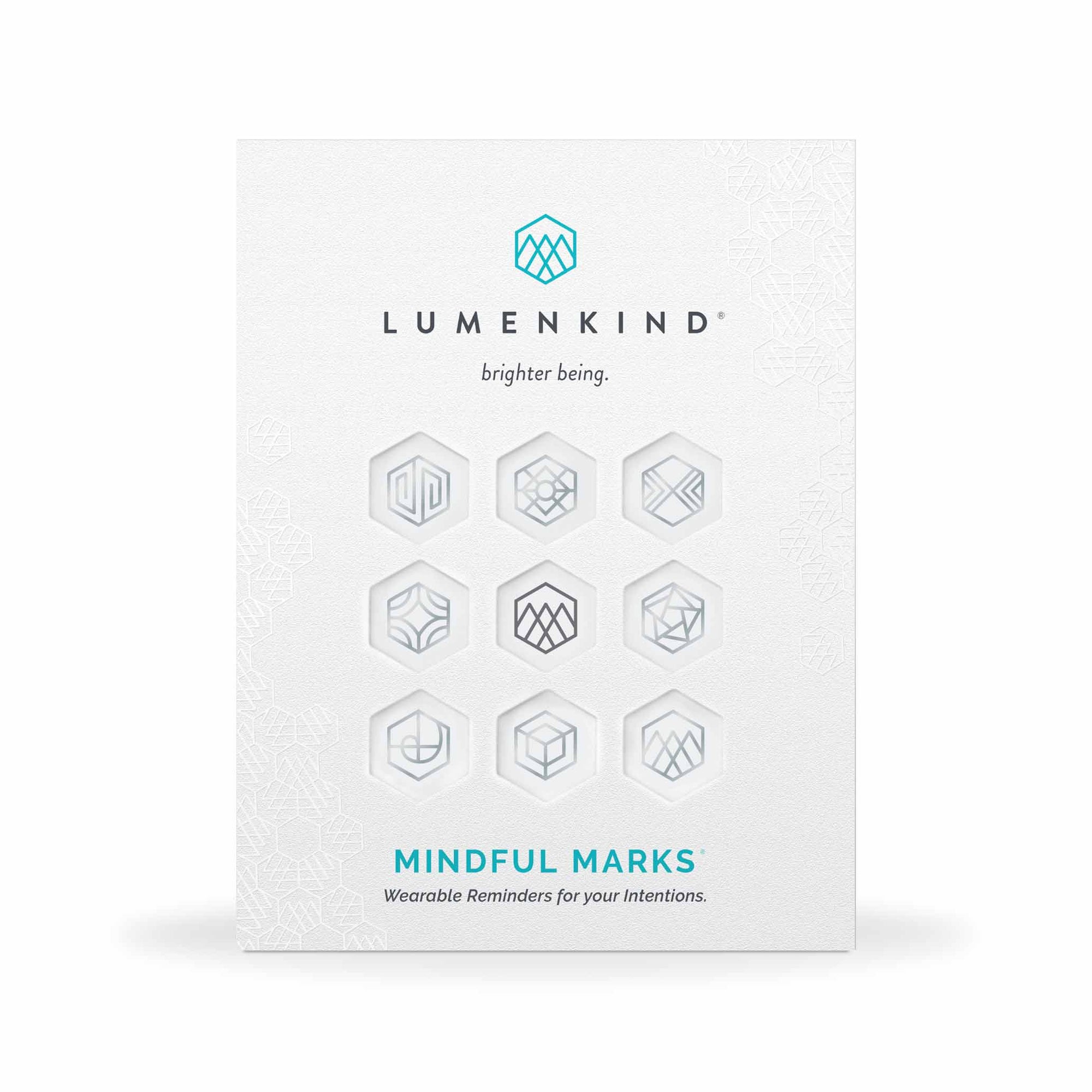 The front side of a pack of Mindful Marks —Balance Collection (platinum), wearable reminders for your intentions.