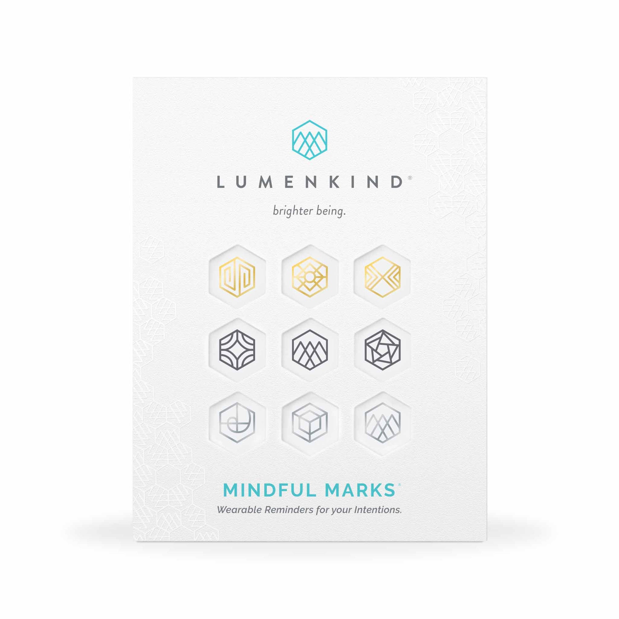 The front side of a pack of Mindful Marks —Balance Collection (Multi), wearable reminders for your intentions.